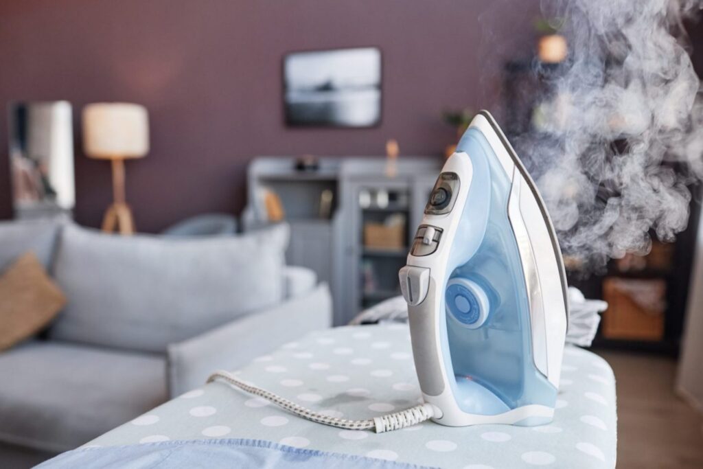 - background image of baby blue iron with steam on ironing board household chores concept copy space scaled e1671539805567 - ¿Puedo utilizar una plancha doméstica para aplicar un transfer?