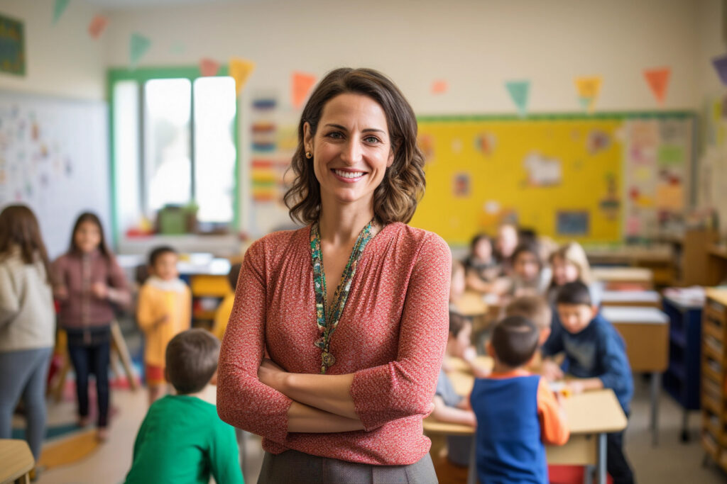 retrato de un maestro sonriente en una clase de escuela primaria mirando la camara con estudiantes que aprenden Blog Brildor