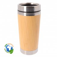 Vaso termo de 500ml de acero inoxidable y bambú con tapa