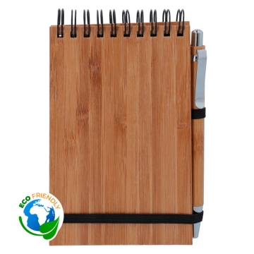 Bloco de notas de argolas com esferográfica e capas de bambu