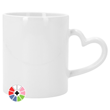 Canecas sublimáveis com pega em forma de coração e interior colorido
