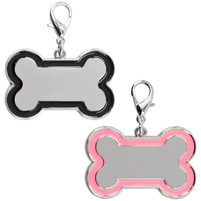 Chapa forma hueso para grabado láser con bordes disponibles en color negro y rosa