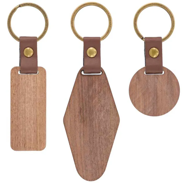 Llaveros madera para grabado con trabilla de cuero - Modelos