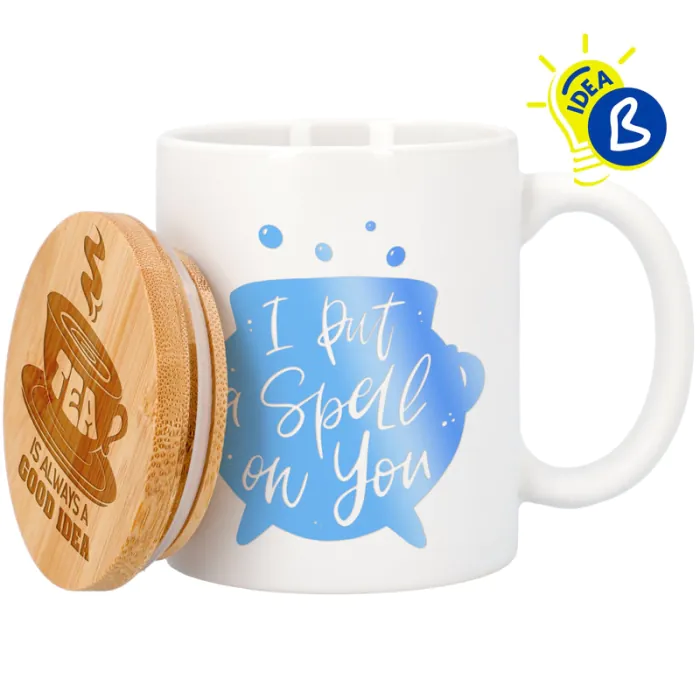 Exemple de personnalisation - Mug blanc mat avec couvercle en bambou