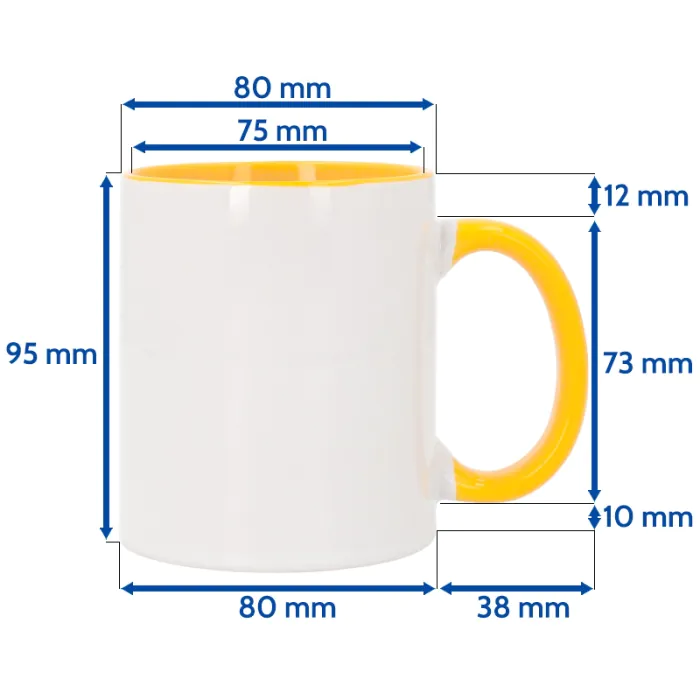 Mugs sublimables avec anse et intérieur colorés - Dimensions 