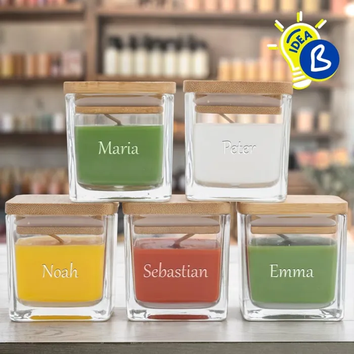 Bougies parfumées carrées avec couvercle en bambou pour gravure - Exemple de personnalisation