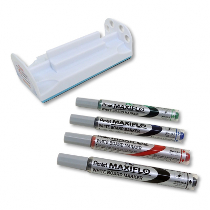 Pentel Maxiflo - Conjunto de 4 rotuladores borrables para pizarra blanca  (punta fina de cincel, incluye borrador)