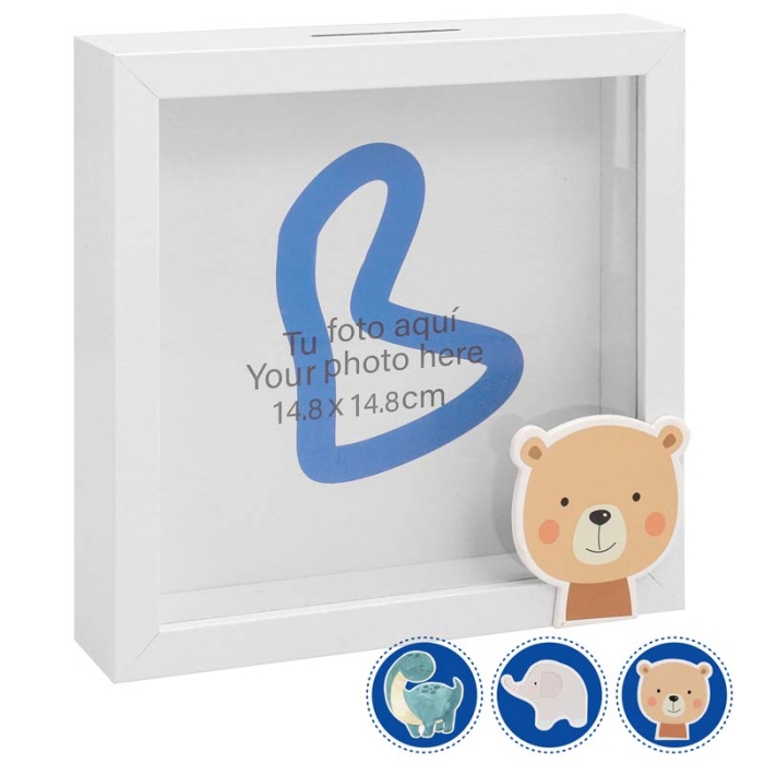 Kinder Spardosen mit Fotorahmen aus Holz - Tiere Kinder Spardosen mit Fotorahmen aus Holz - Tiere